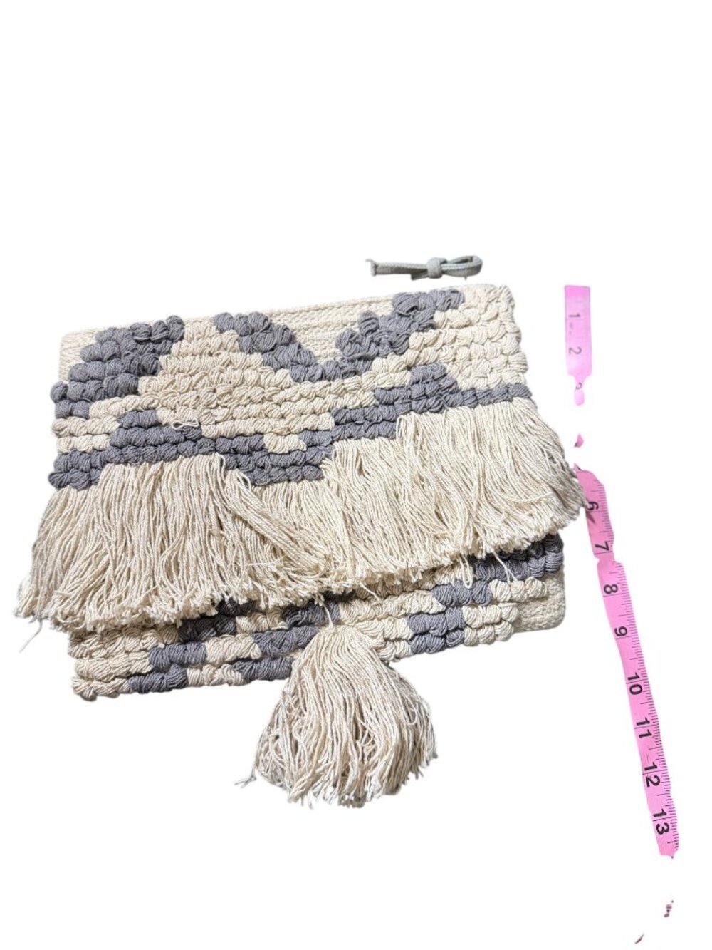 Monserat De Lucca Boho Woven Fringe Clutch Zip Pouch Beige Gray Textile Handbag - Picture 7 of 7
